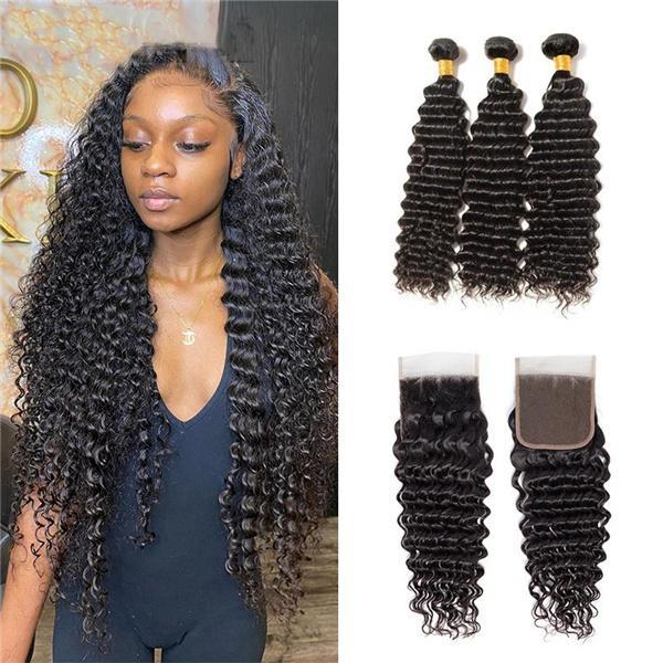 Loki Wig Remy Hair 3 Bundles with 4x4 Closure Deep Wave 150%