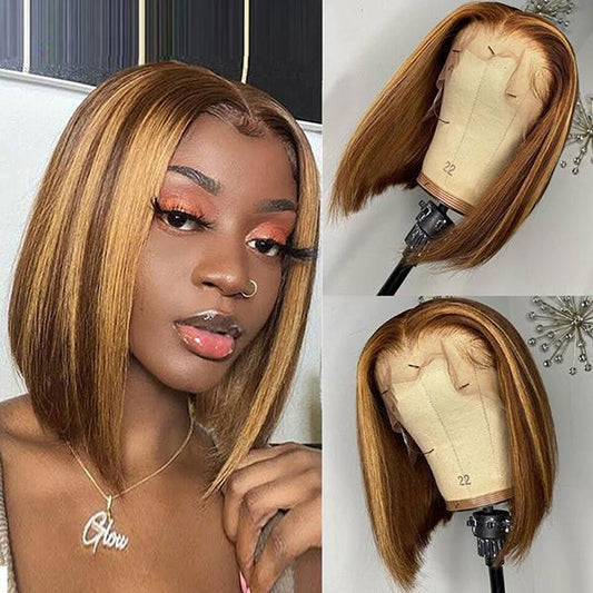 Ombre Brown 4/27 Human Hair Wigs Bob Straight 13x4 Lace Front Wig Blonde Highlight Wig