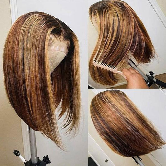 Ombre Brown 4/27 Human Hair Wigs Bob Straight 13x4 Lace Front Wig Blonde Highlight Wig