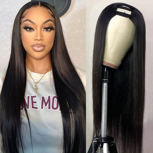 U Part Human Hair Wigs Brazilian Virgin Straight 150 Density Glueless Middle Part Wig Pre Plucked