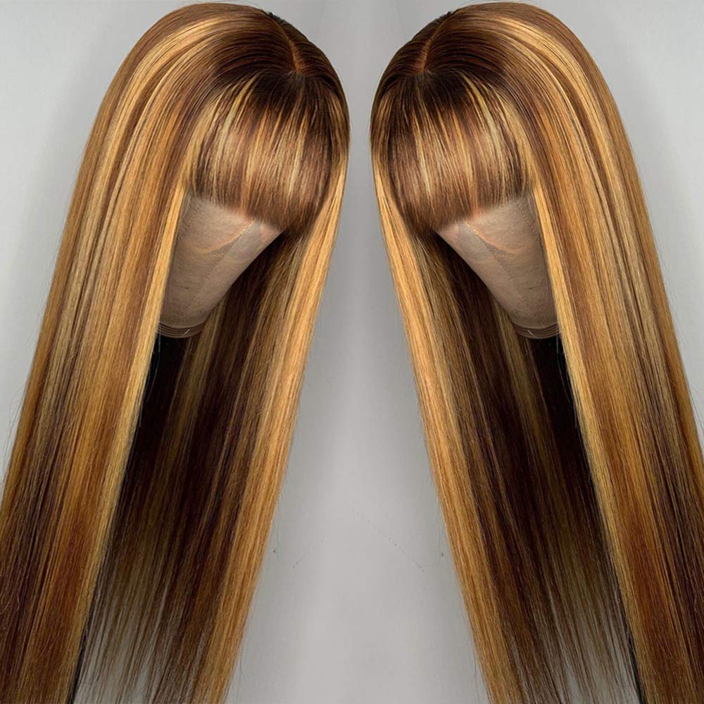 150% Density Honey Blonde Highlight Straight Human Hair Wig