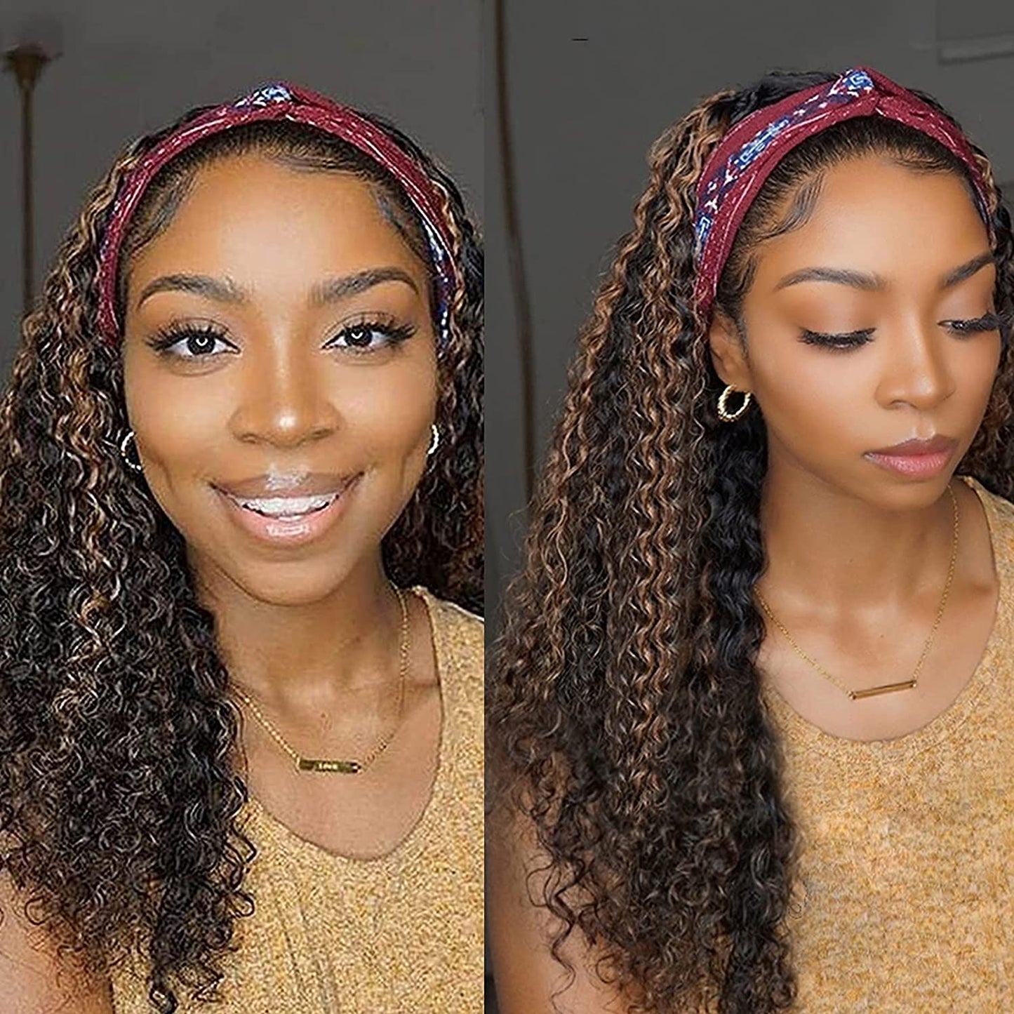 Blonde Highlight Curly Headband Wigs for Black Women