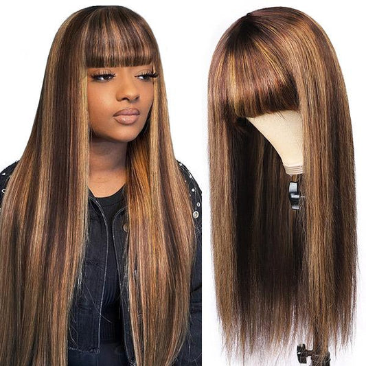 150% Density Honey Blonde Highlight Straight Human Hair Wig