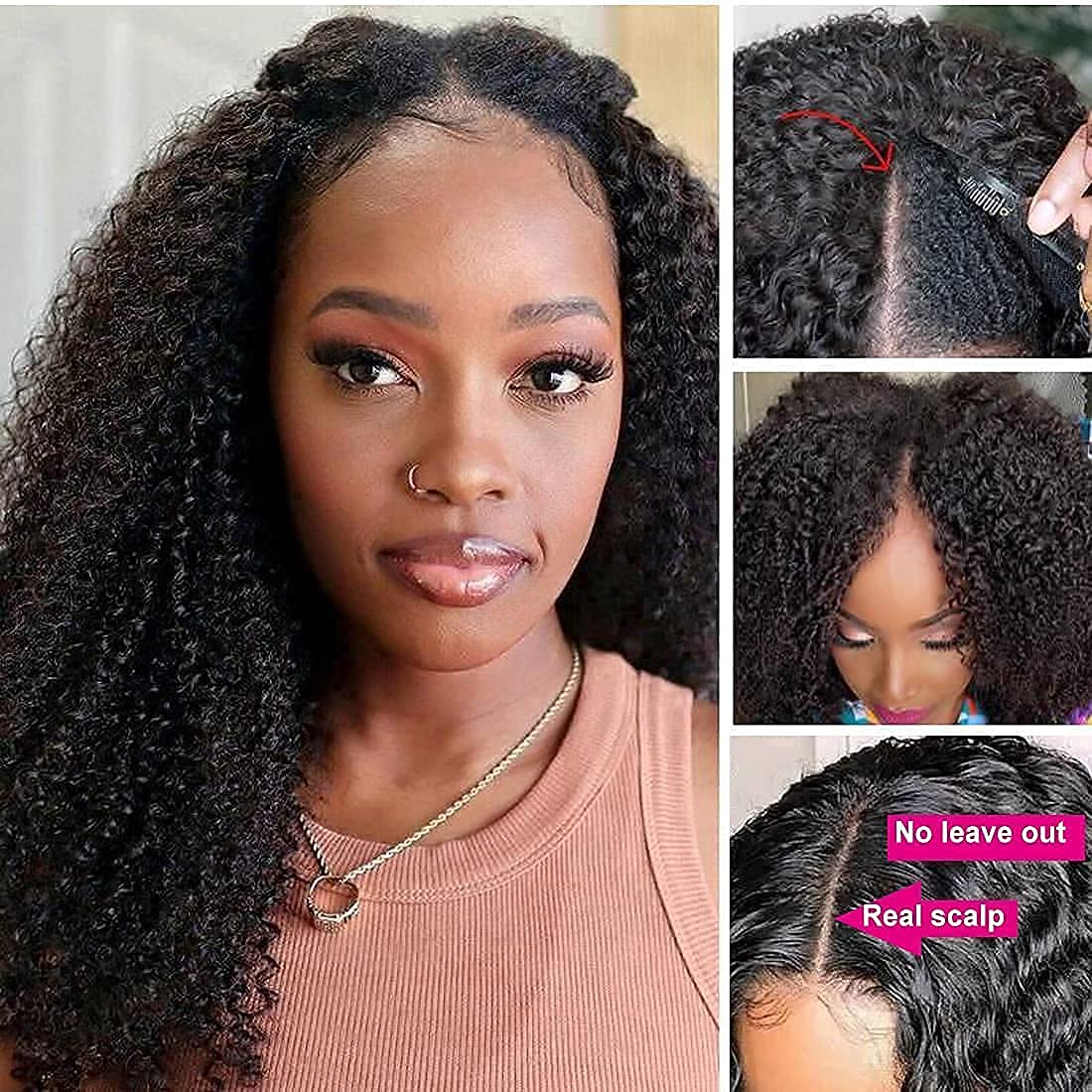 Wig Beginner Friendly Curly V Part Upgraded Natural Scalp Curly Human Hair U part Wig Without Leave out