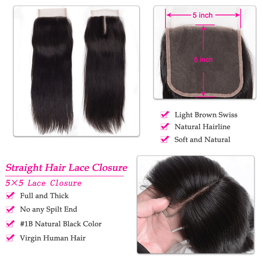 fashionforeverhair Closure Straight 100% Human Grade 9A Remy Hair 5*5 Closure