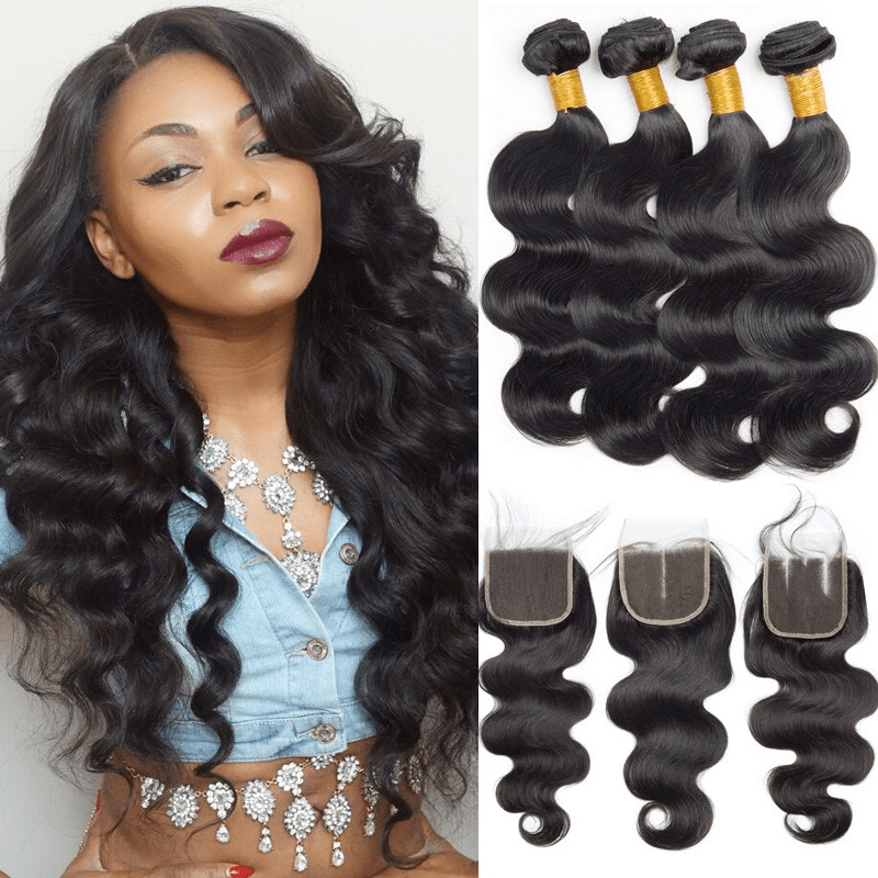 Loki Wig Straight Brazilian Virgin Remy Hair Body Wave 4 bundles with 4*4 lace closure