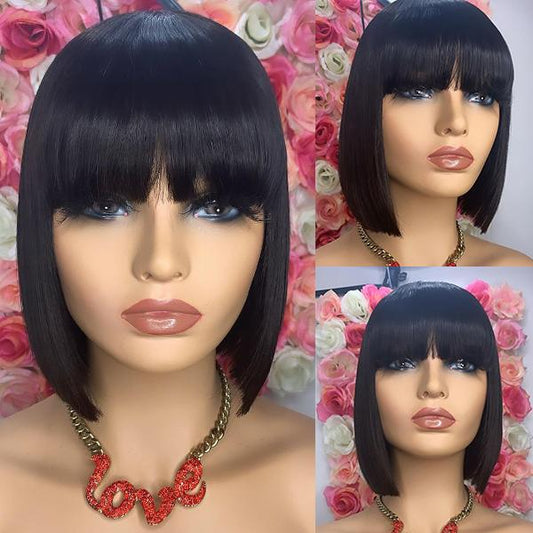 Silk Base Short Bob Wig With Bangs Natural Black Human Hair Bob Wigs