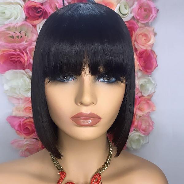 Silk Base Short Bob Wig With Bangs Natural Black Human Hair Bob Wigs