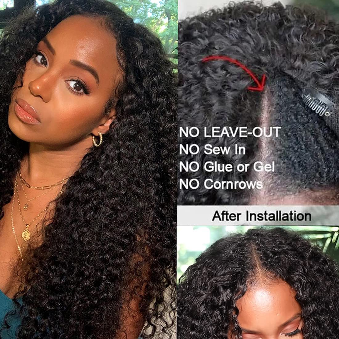 Wig Beginner Friendly Curly V Part Upgraded Natural Scalp Curly Human Hair U part Wig Without Leave out